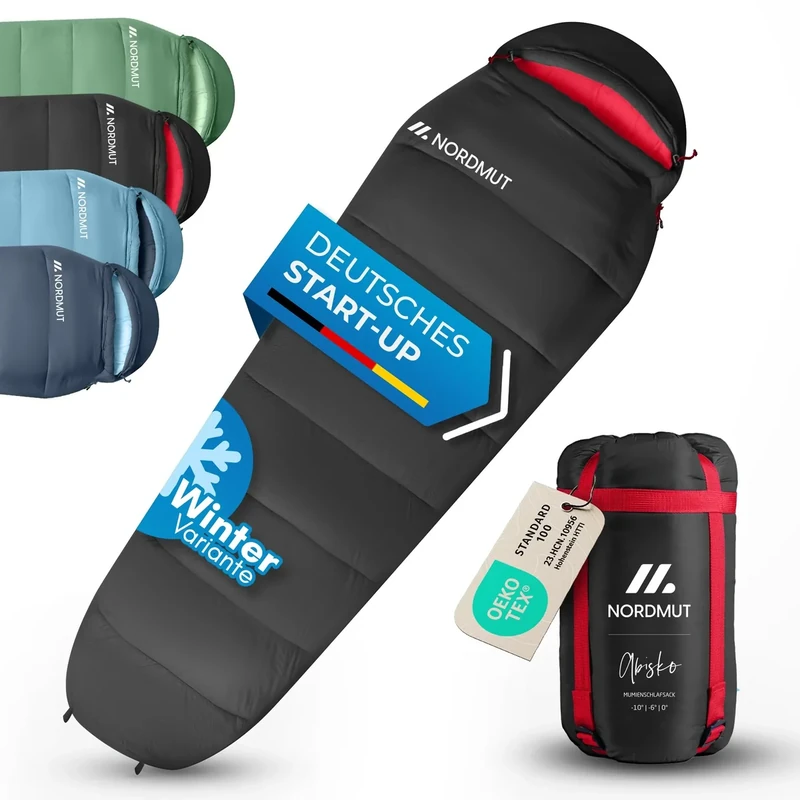 NORDMUT Schlafsack Winter -10 bis 0 Grad komprimierbar - Winterschlafsack Outdoor für Trekking & Camping 1.800 g - Mumienschlafsack wasserabweisend 350GSM