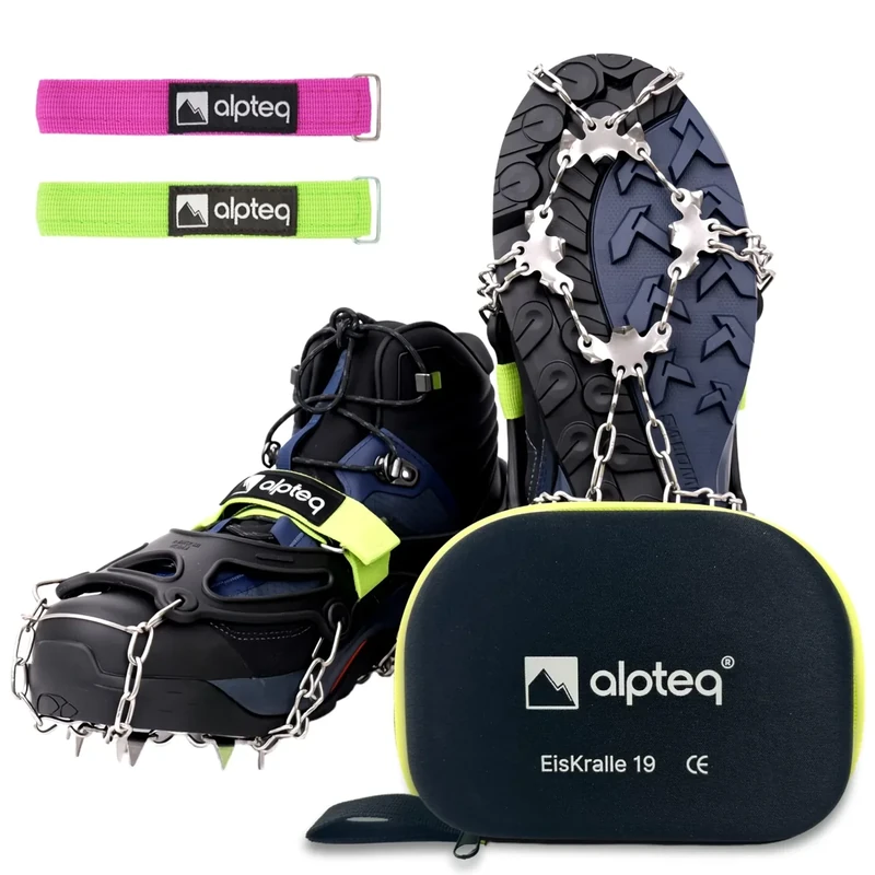 Alpteq® EisKralle – Grödel Steigeisen mit 19 Edelstahl-Spikes – Eiskrallen & Schuhspikes für Wanderschuhe – Anti-Rutsch Schuhkrallen für EIS & Schnee – Ideal zum Wandern, Joggen & Klettern im Winter