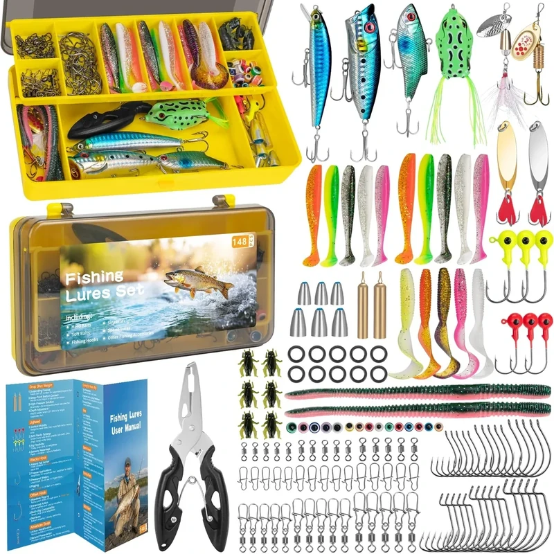 RISEMART148 PCS Angeln Köder Set mit Köderbox - Wobbler, Löffelblinker, Spinner, Jigs, Haken & Zubehör für Süß- & Salzwasser