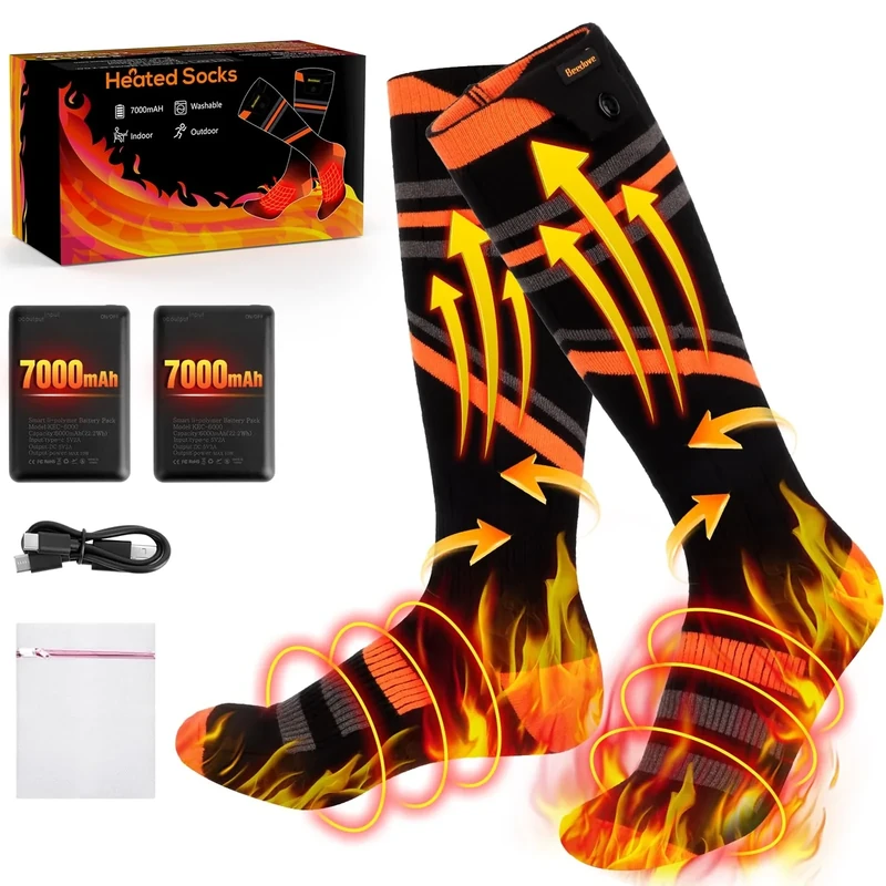 7000mAh Beheizbare Socken, Beheizte Socken Damen Herren, die Lösung für Maximale Heizfläche im Jahr 2025 5V 4 Heizstufen Heizsocken für Winter Outdoor-Sport, Fußwärmer Wärmesocken
