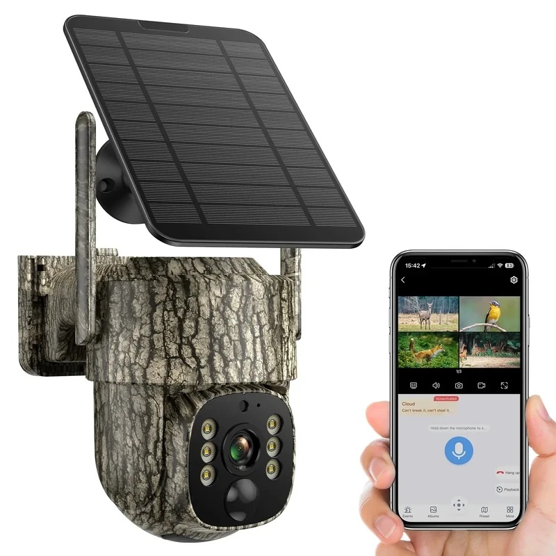 VOOPEAK 4G LTE Wildkamera Solar mit SIM Karte, Wildkamera mit Handyübertragung App, Infrarot Wildtierkamera mit Nachtsicht Bewegungsmelder 0,1s Auslösezeit 64GB SD Karte 7800mAh Akku IP66 Wasserdicht