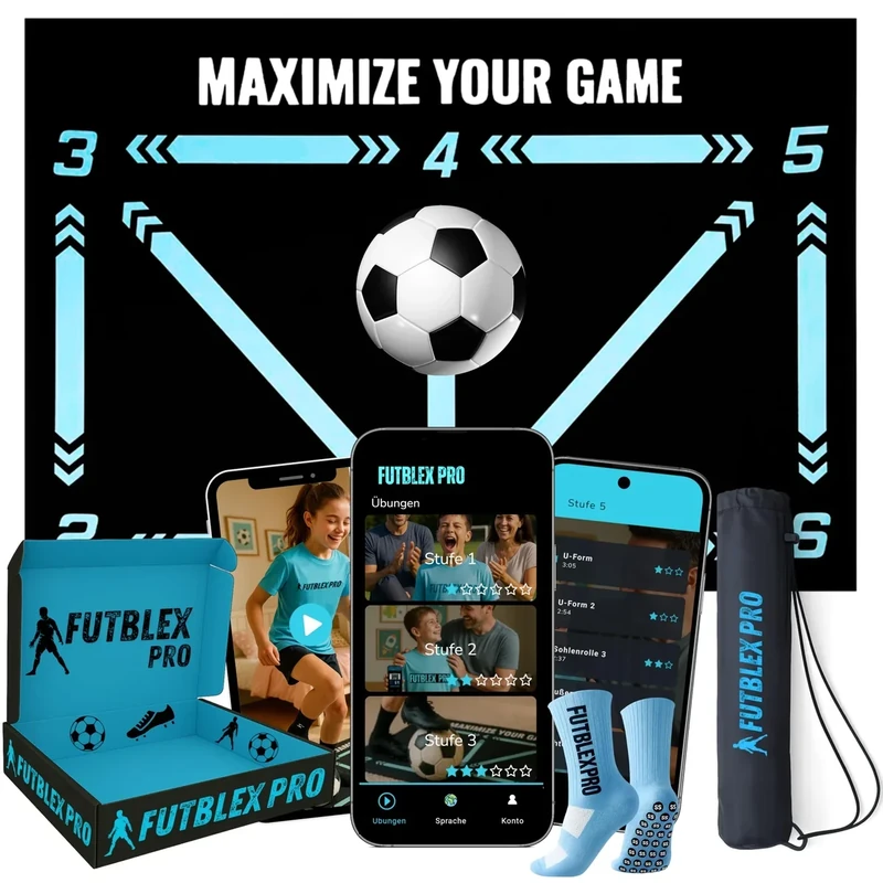 Fussball Matte mit App – Inklusive Trainings App mit interaktiven Videos und progressiven Übungen + rutschfeste Socken, Transporttasche und Premium-Geschenkbox