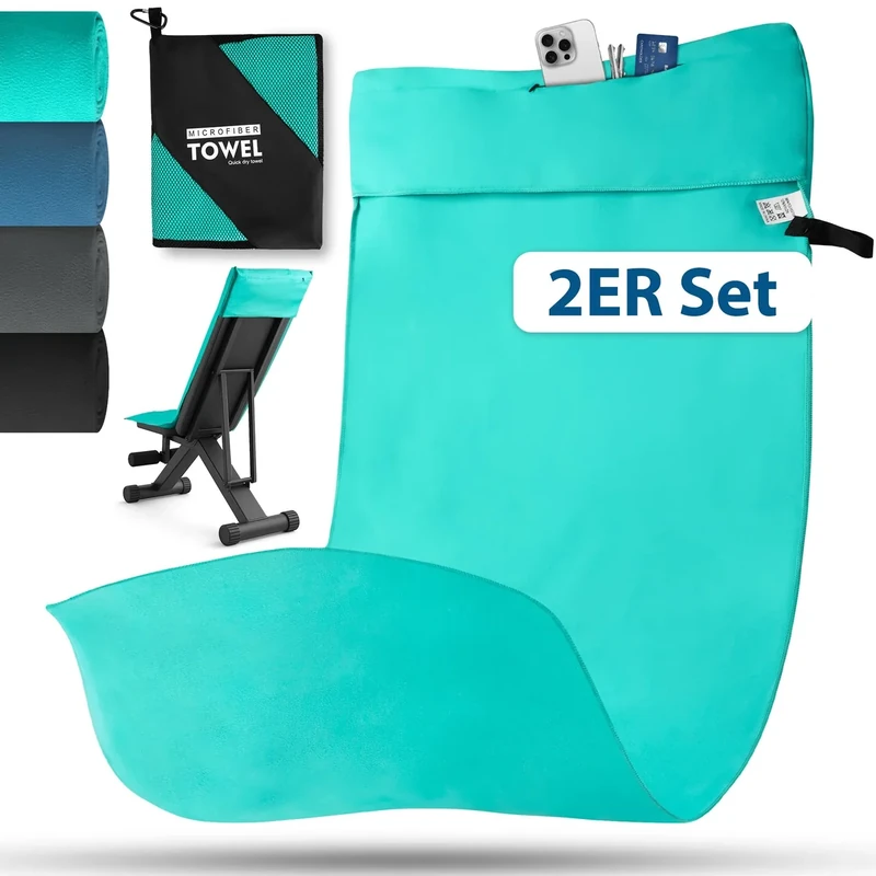 Novent Fitness Handtuch aus Mikrofaser 2er Set, 120x50cm Gym Handtuch mit Reißverschluss Tasche, Kompakt, rutschfest & Schnelltrocknend Sporthandtuch Fitnessstudio für Sport, Reise (Pfauenblau)