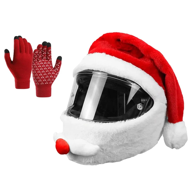 CJBIN Weihnachtsmütze Helm, Motorradhelm Überzug Weihnachtsmann,He-lm Überzug Motorad Weihnachtsmann mit Handschuhen,Weihnachts-Mann He-lm Abdeckung,Motorradh-elm Cover Weihnachten für Meisten H-elme