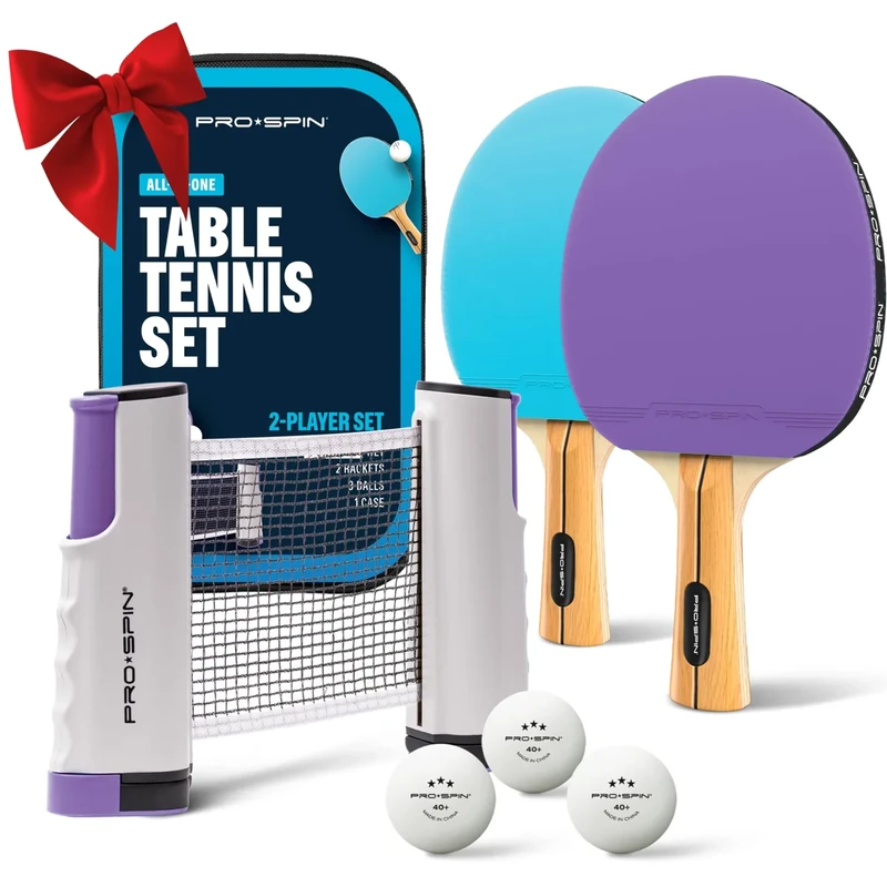 PRO-SPIN Tischtennisschläger Set - Mit Tischtennisnetz Für Jeden Tisch, Tischtennis bälle 3-Sterne, Tasche/Hülle | Ausziehbares Mobiles Tischtennis Netz (Blau|Lila, Set für 2 Spieler)