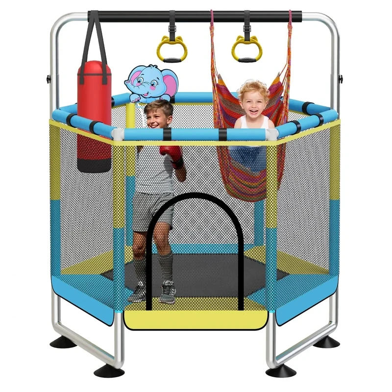 Trampolin Kinder, 150cm Kinder Trampolin Outdoor/Indoor, 200 kg mit Sicherheitsnetz, verbesserte Ringbeine mit Verstellbarer Turnstange, Geschenke für im Alter von 1 bis 8 Jahren Blau
