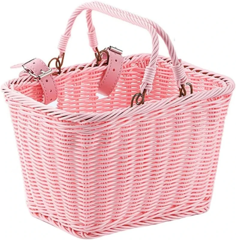 Yeehliny Fahrradkorb Kinder, Fahrradkorb Geflochten für Mädchen und Kinder vorne, Laufradkorb Lenkerkorb Lenkerkörbchen Körbchen für Fahrrad aus Kunststoff, mit Lederriemen (Stil A/25cm/Rosa)