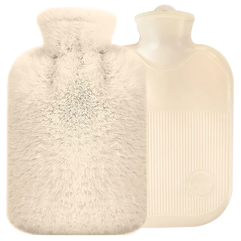handwärmer 1000 ml Wärmflasche mit Bezug, auslaufsichere Wärmflasche Beige Flauschige Wärmebeutel zur Linderung von Rücken- und Nackenschmerzen