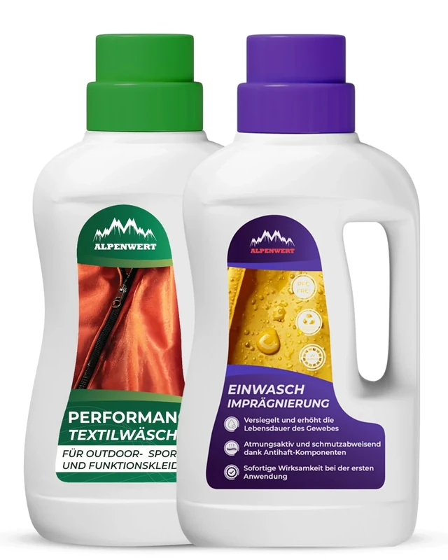 Alpenwert - Einwaschimprägnierung 500ml + Waschmittel 500ml [Made IN Germany] - Waschimprägnierung & Sportwaschmittel für Outdoor-, Ski- und Funktionskleidung - Gore-tex UVM Imprägnier Waschmittel