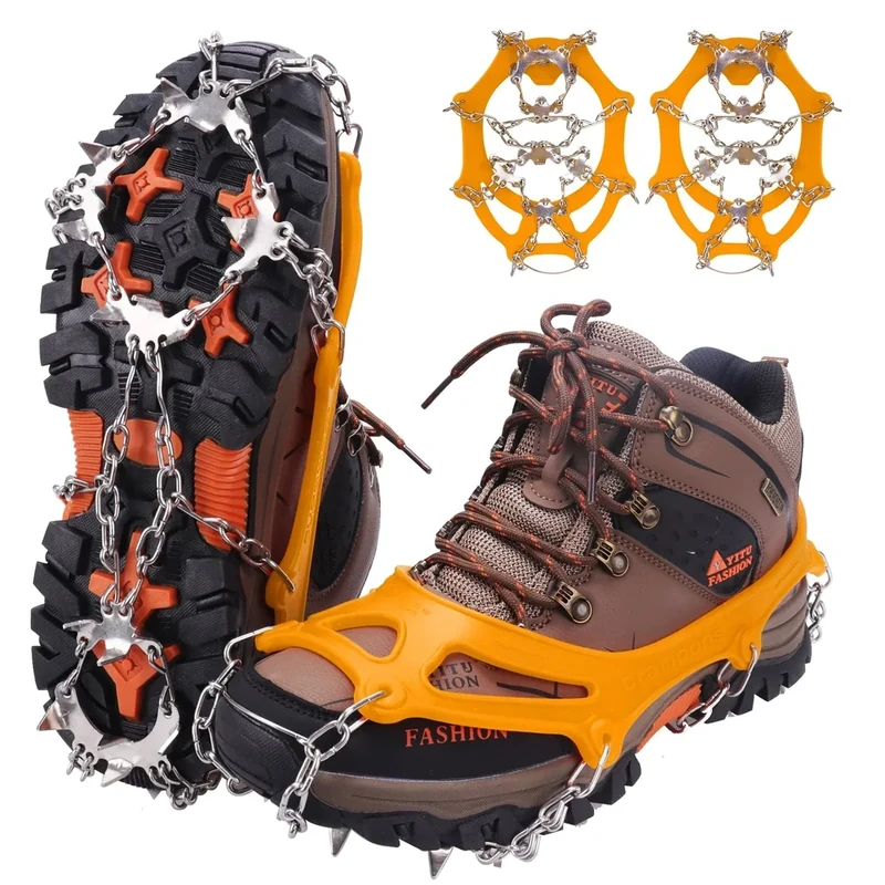 WIN.MAX Steigeisen Grödel Eisspikes, Schuhkrallen mit19 Edelstahl Zähne Spikes Schuhkrallen Grödeln Eisspikes für Klettern Bergsteigen Trekking High Altitude Winter Outdoor (Gelb, M)