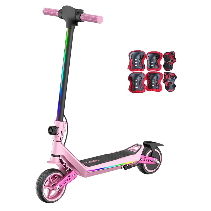 Elektroroller für Kinder, E Scooter mit Regenbogen-LED & Sicherheitsstart, 3 Geschwindigkeiten bis 16 km/h, 12KM Reichweite, doppelte Stoßdämpfer, doppeltes Sicherheitsbremssystem (Rosa)