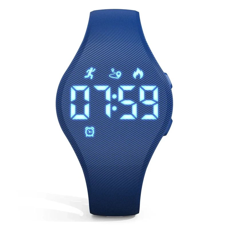 Focwony Digitale Fitness-Tracker-Uhr für Kinder mit LED-Anzeige, für 5–15 Jahre, wasserdichte Armbanduhr ohne App, mit Schrittzähler, Wecker, für Kinder, Jungen, Mädchen, Teenager (Dunkelblau)