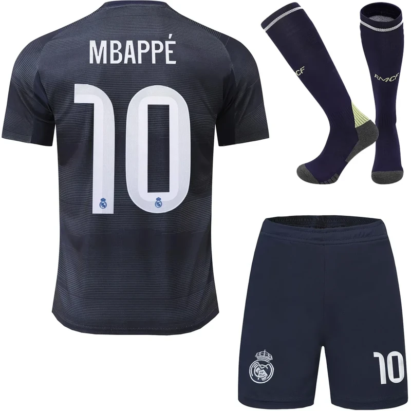 KISRAS R.Madrid #10 Mbappe 2025/2026 Auswärtstrikot Shorts und Socken Kinder und Jugend Größe (Blau,28)