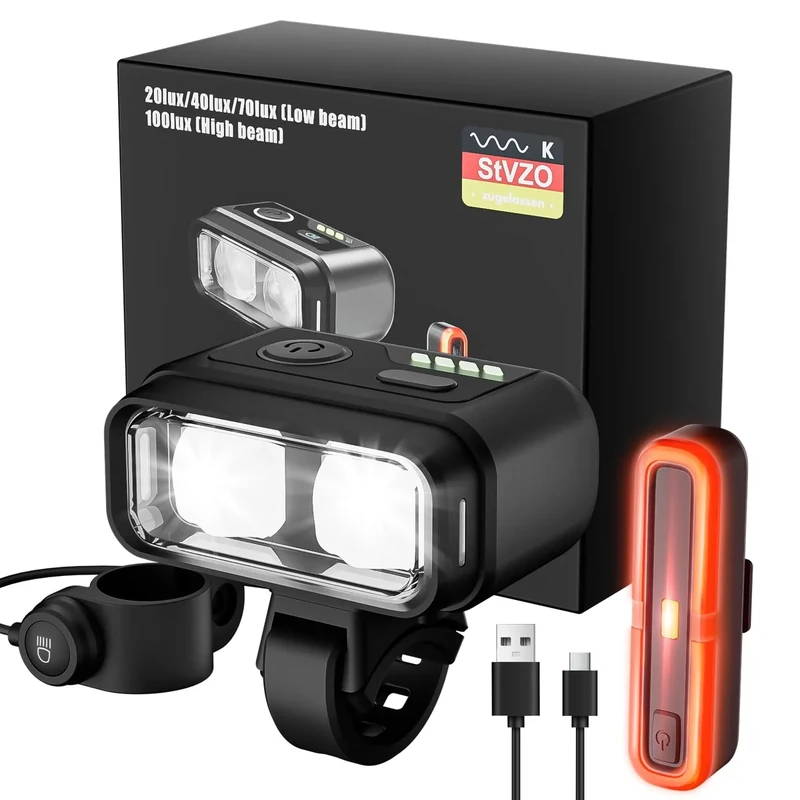 Fahrradlicht Set, StVZO-zugelassen 100LUX Fahrradbeleuchtung, USB Aufladbar, IPX5 wasserdicht mit Frontlicht & Rücklicht, LED Fahrradlicht Set Batterie Aufforderung, Fahrrad Licht LED für Nachtfahrten