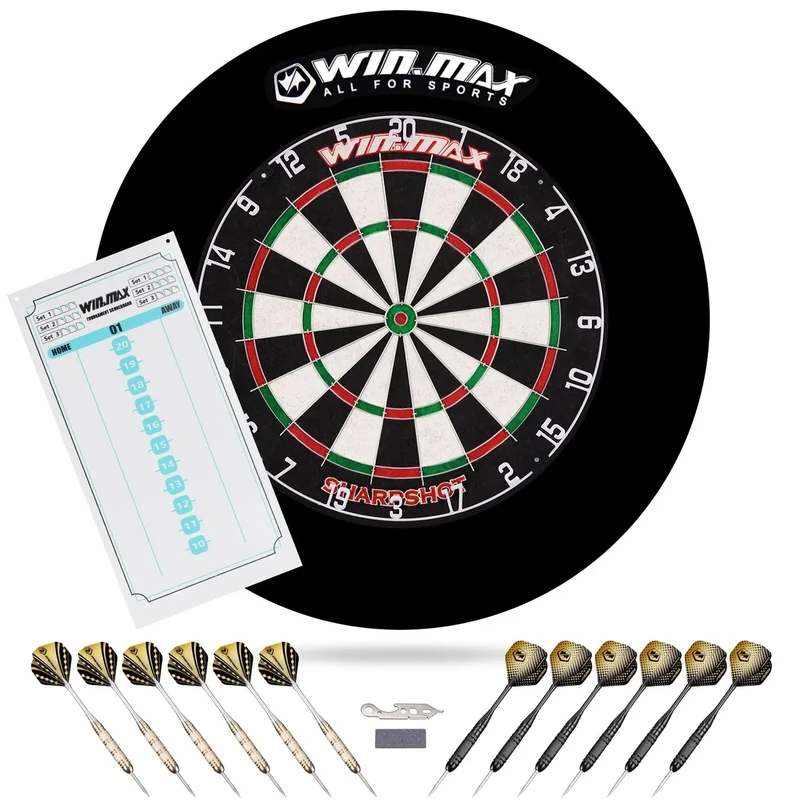 WIN.MAX Dartscheibe Kork Dartscheibe mit Pfeilen Offizielles Steeldartscheibe Dartscheibe Steeldart Dartscheibe Set 12 Dartpfeile Metallspitze,24 Flights (Dartscheibe mit Schutzring)