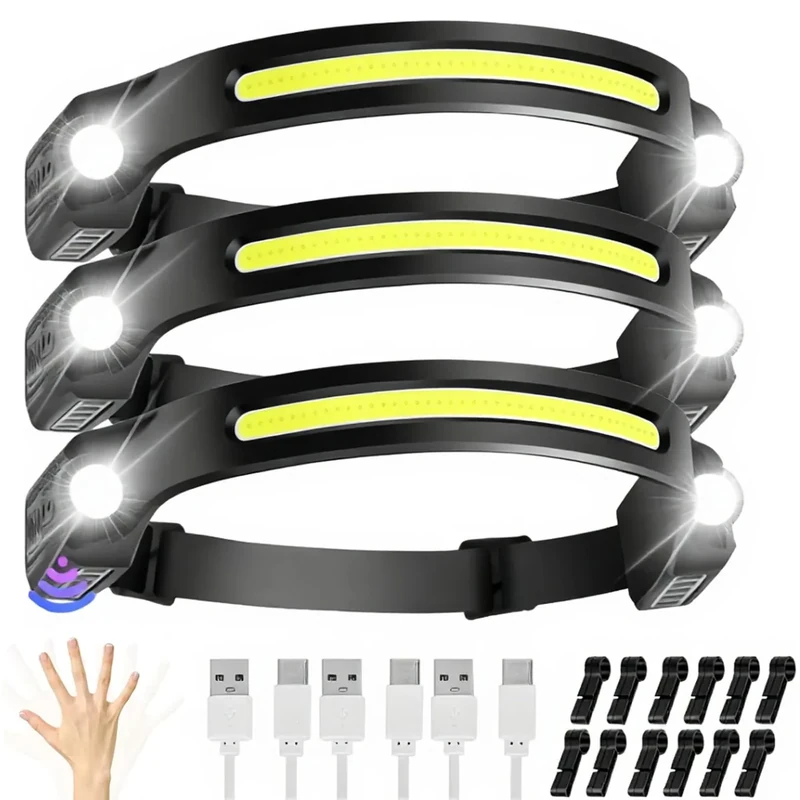 JIASESCS Stirnlampe LED Wiederaufladbar,3 Packs Kopflampe Stirnlampe Aufladbar 6 Mods,Leicht,Superhell mit Bewegungssensor und wasserdicht Geschenk für Erwachsene und Kinder zum Wandern mit Laufen