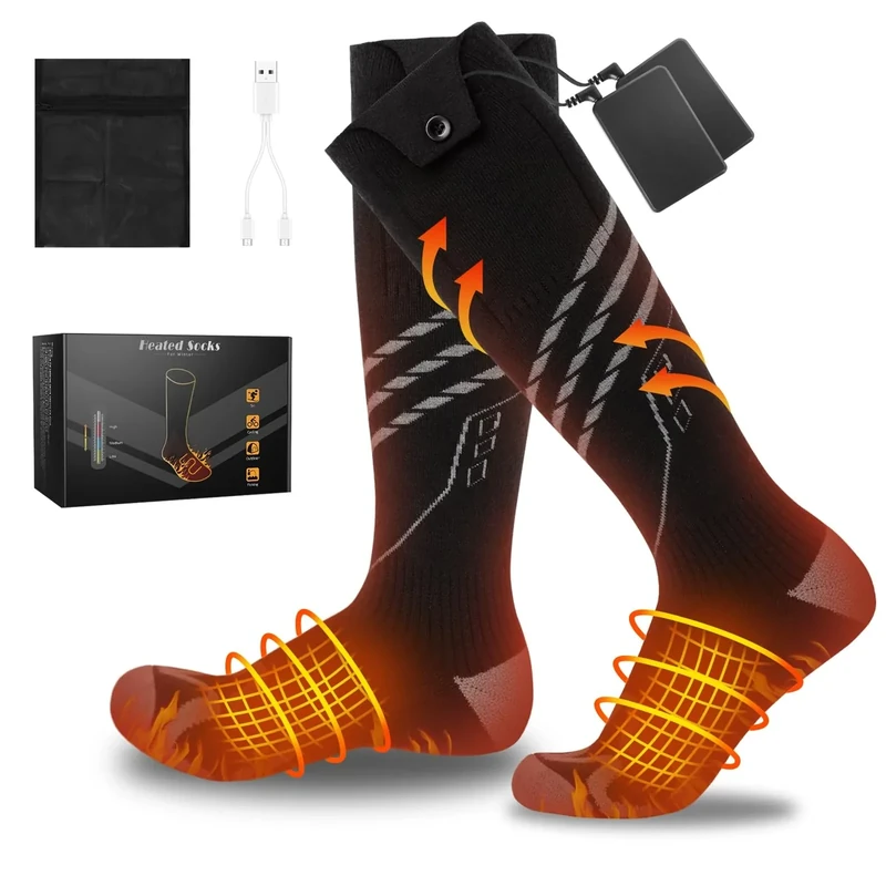 Beheizbare Socken Herren Damen Beheizte Socken mit 5000mAh/ 5V Wiederaufladbare Batterie, 4 Einstellbarer Temperatur Heizsocken für Outdoor Camping Angeln Radfahren Skifahren