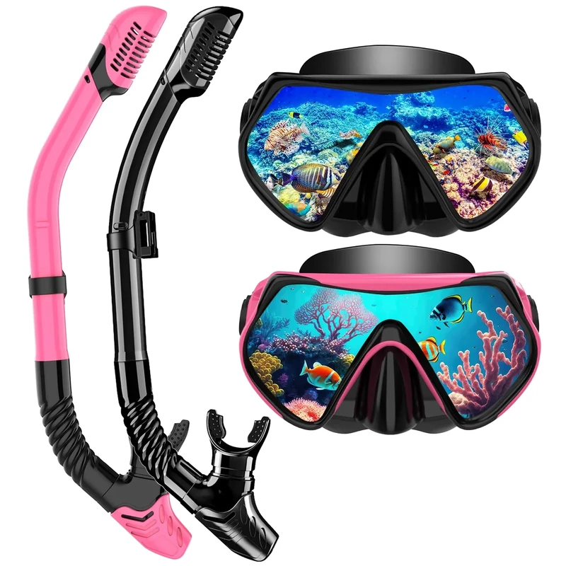 Schnorchelset Erwachsene, Schnorcheln Set mit Anti-Fog Taucherbrille und Dry Schnorchel, Professionelle Schnorchelmaske Tauchmaske aus Gehärtetem Glas für Schnorcheln (Black+Pink)