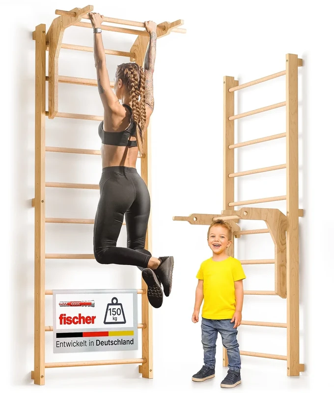 gurkler Sprossenwand für Erwachsene und Kinder - inkl. Klimmzugstange & Dip Extension - Kletterwand und Sprossenwand Kinderzimmer