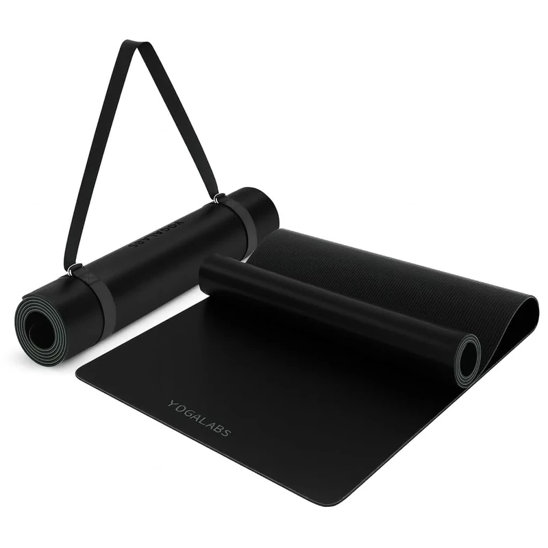 YOGALABS® - Premium Yoga-Matte STUDIO 185 x 68 x 0,4cm (extra groß) inkl. Gurt aus ECO PU & Naturkautschuk - Antirutsch-Beschichtung Gymnastik & Pilates-Matte 100% nachhaltig, schadstofffrei (Schwarz)
