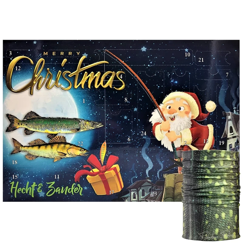 Mega Fishing MF Angler Adventskalender - Hecht & Zander oder Forelle & Barsch Spinfischer Angel Raubfisch Weihnachtskalender + Multifunktions Schal im passenden Zielfisch Design (Hecht & Zander)