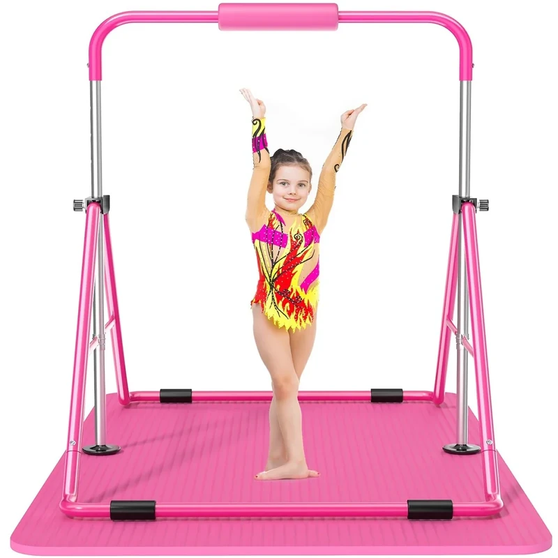 Safly Fun Gymnastikstange Kinder 3–9 Jahre, faltbare höhenverstellbare Turnstange Indoor 89–130 cm, bis 63 kg belastbar, Rosa mit Polster & Matte, leicht zu montieren, für Indoor & Outdoor