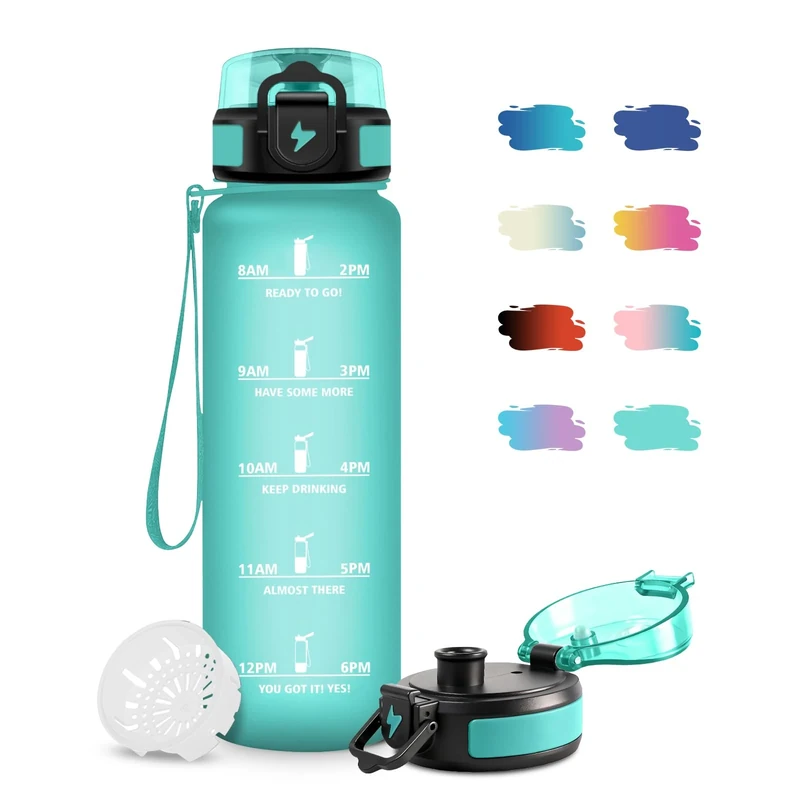 Trinkflasche 1L, Sportflasche mit Filte, Trinkflasche Kohlensäure Geeignet, Auslaufsicher, Leicht zu Reinigen, Motivierende Wasserflasche mit Zeitmarkierung, Sportflasche für Schule, Camping, Gym