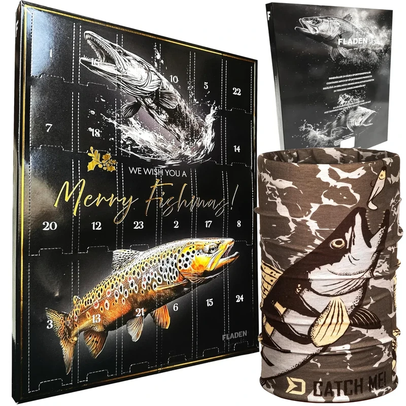 FLADEN Fishing Premium Raubfisch Angler Adventskalender - Köder Angelset Weihnachtskalender Advents Geschenk Kalender + Multifunktions Tuch im Raubfisch Design