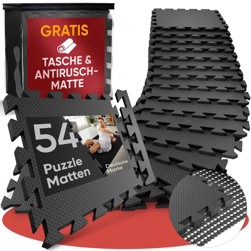 Bodenschutzmatte Fitness inkl. Gratis Anti-Rutschmatte - 54 Puzzlematten 30x30x1cm Trainingsmatte als Matte Sport - Gymnastikmatte Sportmatte Turnmatte als Fitnessmatte Bodenmatte Yogamatte Gym Sport - Image 1