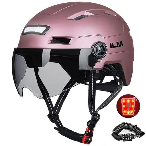 ILM Fahrradhelm Damen und Herren mit Schlossm USB-Front- und Rücklicht Unisex Erwachsene zum Radfahren Fahrradfahren Rollerfahren E3-10L,Rosa,XS