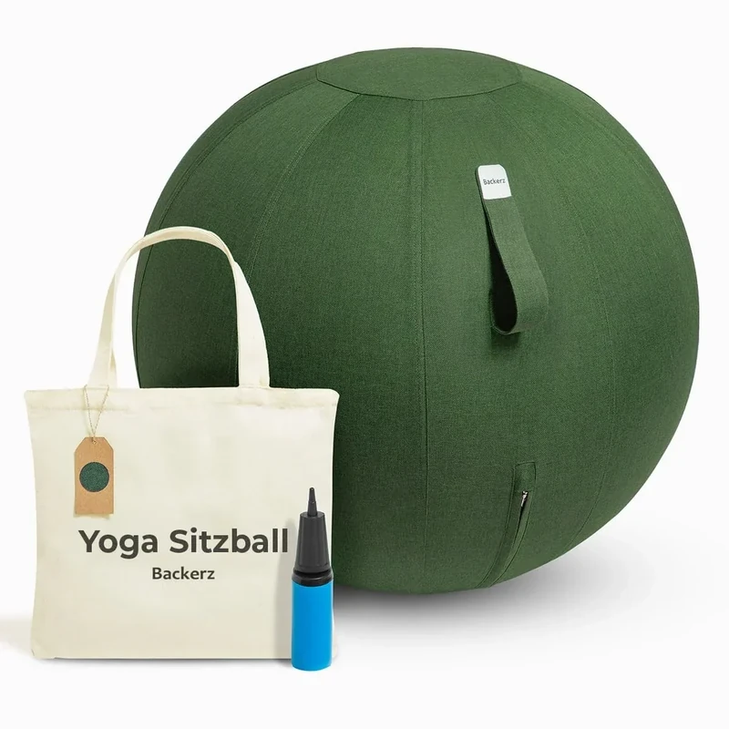 Backerz Sitzball Büro Ergonomisch 75 cm, Ergonomische Sitzmöbel für Büro und Heimbüro, Langlebiger Stoff, Gymnastikball - Fitness-Ball, Ballstuhl mit Ballauflage - Waschbarer Leinenbezug - Olivgrün