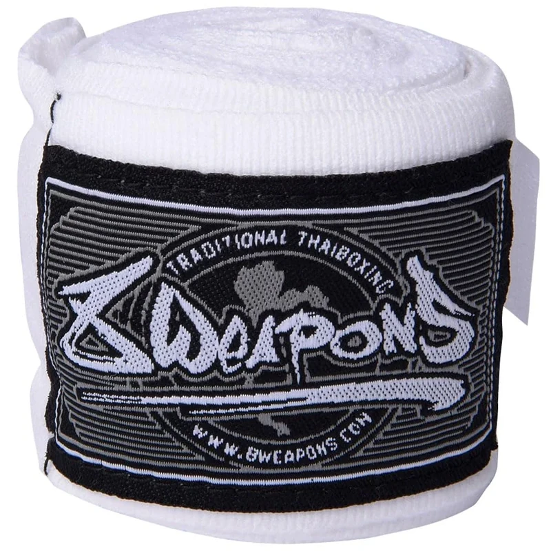 8 WEAPONS Boxbandagen 5m, Halbelastisch, Weiß, Ideal für Training und Wettkampf, Verstärkter Klettverschluss, Bandagen für Muay Thai, K1, Boxen, MMA und Kickboxen