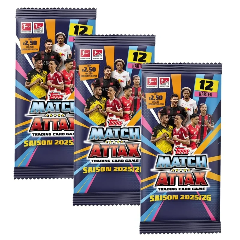 Match Attax Bundesliga Sammelkarten 2025/26 | 3X Booster Packs | Triple-Bundle mit je 12 Karten pro Pack | Fußball Trading Cards Sammelset