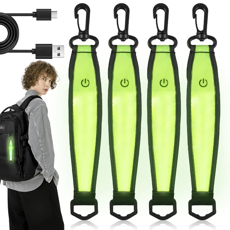 4 Stück LED Blinklicht Schulranzen, 3 Modi USB Aufladbar Reflektierende Anhänger, Kinder Sicherheitslicht Reflektoren Schulranzen, Wasserdichte Reflektor Anhänger für Schulranzen Rucksack (Grün)