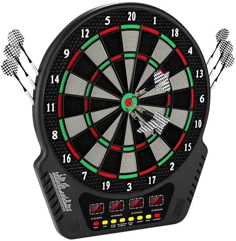 Elektronische Dartscheibe, E-Dartboards Dartautomat mit 4 LCD-Anzeige und 6 Darts und 24 Pfeilkopf 27 Spiele mit 243 Spieloptionen Profi Elektronik Dartspiel für 1-16 Spieler