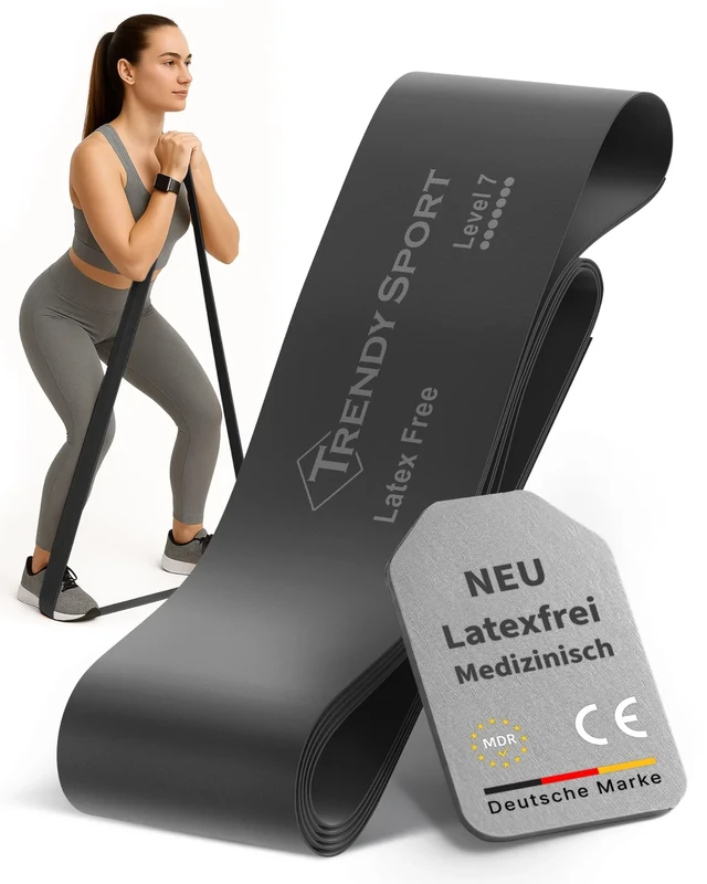 TRENDY SPORT Fitnessbänder 2,5m latexfreies Trainingsband in 7 Zugstärken für Dein Home Gym - rutschfestes Fitnessband für Reha, Physiotherapie & Krafttraining - langlebig, puderfrei - Level 7
