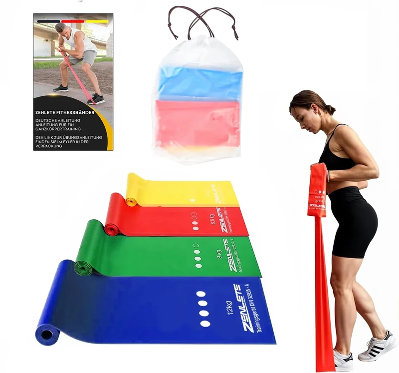 zenlete Fitnessbänder 4er Set 2,5m lang – Widerstandsbänder Muskelaufbau, Yoga, Pilates & Physiotherapie, Original Fitness-Band Gymnastikband, extra langes Trainingsband mehr Bewegungsfreiheit