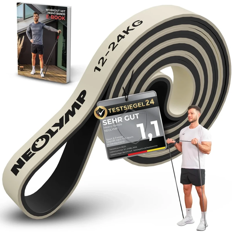 NEOLYMP Resistance Bands aus doppelbeschichtetem Naturlatex mit Fitness E-Book - Lange Fitnessbänder für Krafttraining, Widerstandsbänder, Klimmzugbänder (leicht | 12-24 kg)