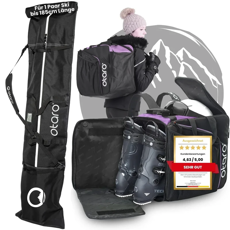 Otaro Skitasche und Skischuhtasche (PRO Set | Lila | Für 1 Paar Ski) | Skisack für Ski und Skischuhrucksack mit Helmfach |