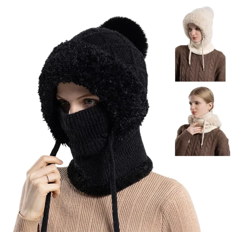 Toerjii Wintermütze Damen,Balaclava Damen,3 in 1 Beanie Mütze Warm Strickmütze & Halswärmer Sets,Multifunktional Verstellbar Gesichtsmaske für Täglich und im Freien (Schwarz) - Image 1