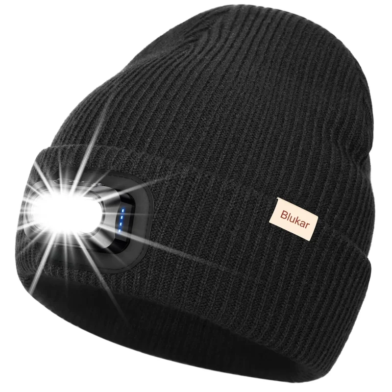 Blukar LED Beanie Beleuchtete Mütze mit Licht, 2 in 1 Extrem Helle Laufmütze mit Lampe, 5 Lichtmodi, Wiederaufladbar, Winter Warme Stirnlampe Geschenke für Damen Herren, inkl. Stirnband, Dunkelgrau