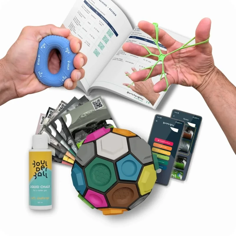 BOULDERBALL POWER Trainings-Set zur gezielten Finger, Hand & Unterarmkraft - Anti-Tennisarm & Prävention - inkl. Boulderball, Gummiring, Streckerband & Trainingsplan - Für Kletterer, Sportler & Alltag