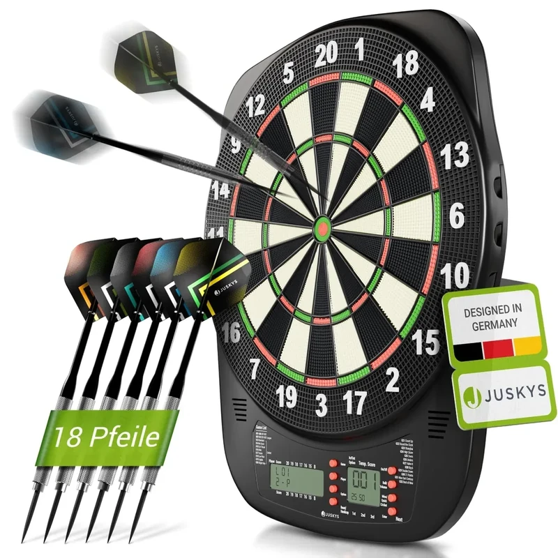 Juskys Elektronische Dartscheibe mit 32 Spielen & 359 Varianten, LCD-Display, USB-C, Pfeile & Zubehör, für bis zu 8 Spieler, Netz- & Batteriebetrieb