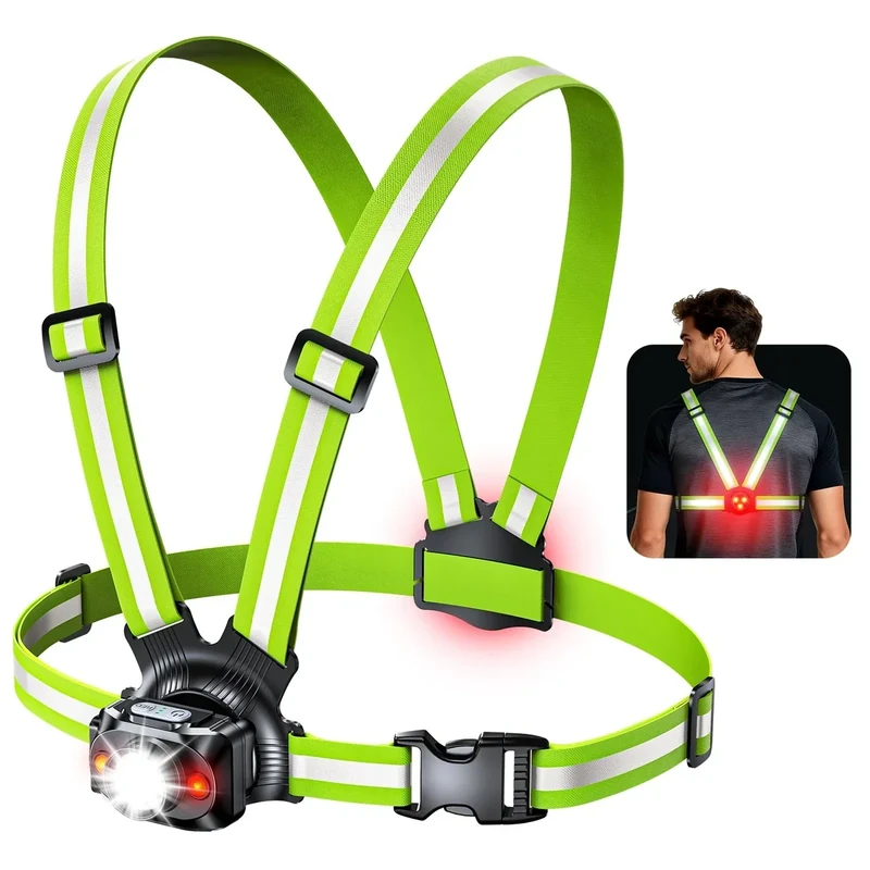 ISEYOU Lauflampe Joggen, Brustlampe Lauflicht mit rotem Rücklicht – Stirnlampe Alternative, 500 Lumen, 45° neigbar, USB-C aufladbar, IPX4, Doppelgurt mit 360° Reflektoren für Camping Outdoor Radfahren