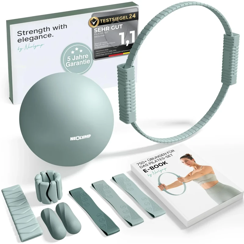 NEOLYMP Pilates Set für Zuhause – Pilates Ball, Pilates Ring & Gewichte – Komplettes Pilates Zubehör Set – inkl. Pilates Bänder, 1kg Hanteln & E-Book – Pilates Essential Kit (Pilates Set | Sky Blue)