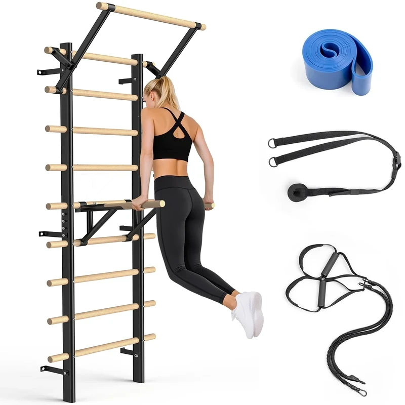 Sprossenwand & Klettergerüst 220 cm – Wandmontage aus Holz mit Klimmzugstange & Dip-Barren – Multifunktionales Fitnessgerät für Kinder und Erwachsene