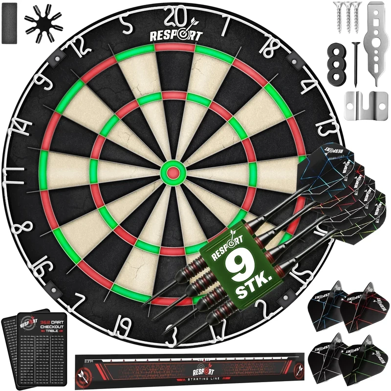 RE:SPORT® Sisal Premium Dartscheibe XXL Set mit 9 Profi Dartpfeile + 24 Pro Flights + Zubehör | Steeldart Dartboard inkl. Montageset | Steeldartscheibe mit Pfeilen Metallspitze Startlinie