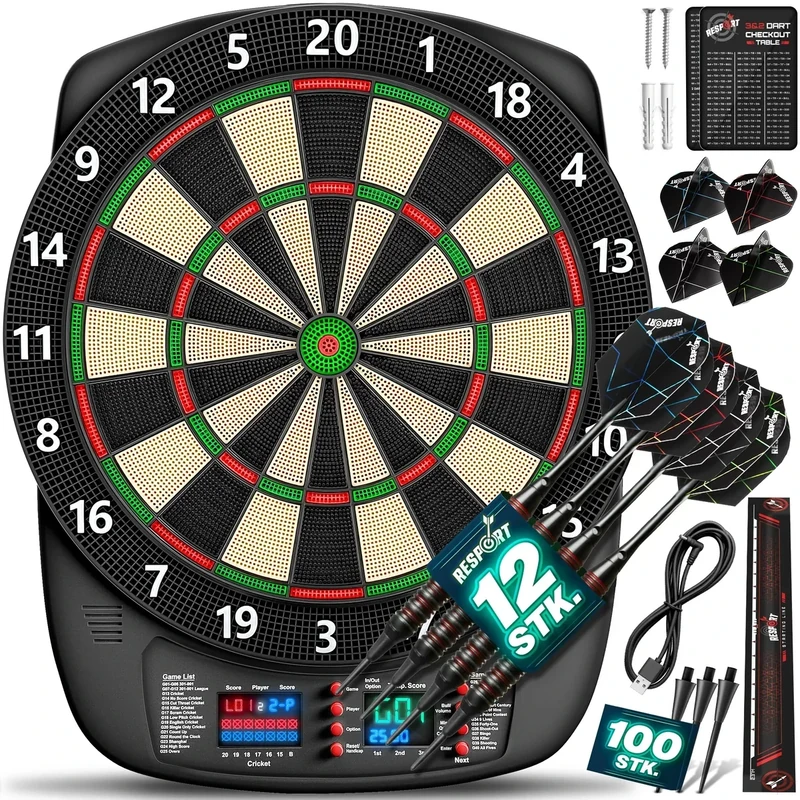 RE:SPORT® Dartscheibe Elektronisch Profi Set mit 12 Pfeilen + 24 Pro Flights + 100 Pfeilspitzen & Zubehör | E Dartautomat für 1–8 Spieler mit 427 Varianten | Elektrisches Dartboard mit LED Anzeige