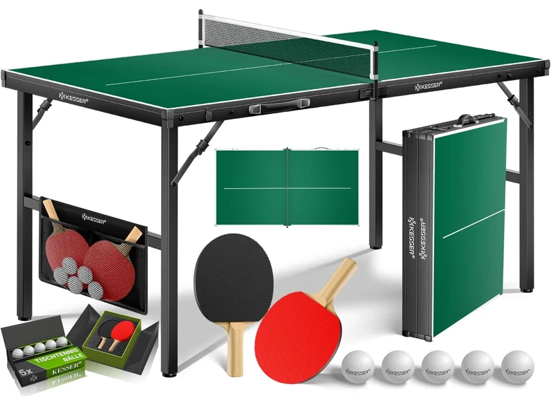 KESSER® Tischtennisplatte Mini mit Tischtennisschläger-Set, Tischtennisbällen und TT-Netz | Indoor | Unterwegs, laminierte Platte + klappbar – Kofferdesign, Kinder und Erwachsene – 153 x 76,5 cm