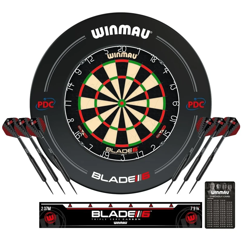 WINMAU Blade 6 Dartscheiben Dart Surround Set - Professionelles Dartzubehör - Inklusive Blade 6 Dartscheibe, Umgeben, 2 Satz Schwarze 19g Steeldart - 2 Satz Flüge und Schäfte & Mehr